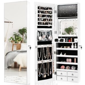 charmaid led strip jewelry armoire with 47.2" h full length mirror, wall/door mounted jewelry organizer with built-in mirror, flip-over cosmetic tray, 4 drawers, large storage jewelry cabinet (white)