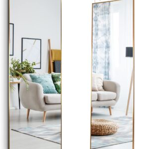 Mirrotek - Full Length Adjustable Over The Door Mirror Gold Aluminum Finish - Hanging Instant Install Long Full Body Mirror for Bedroom, Dorm Room