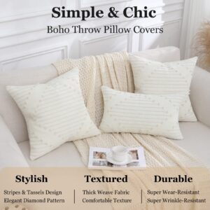 Mecatny Boho Throw Pillow Covers Beige and Cream White Pillow Covers 12X20 Set of 2 Farmhouse Lumbar Pillow Covers for Couch Sofa Living Room