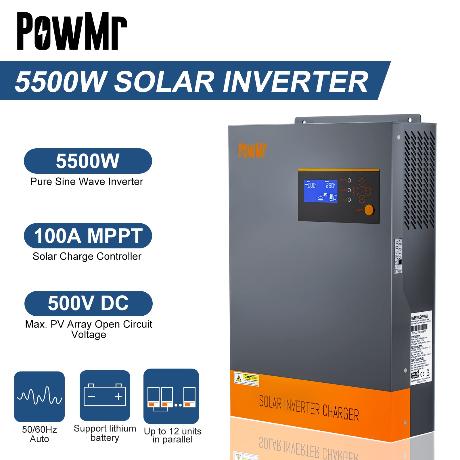 PowMr 5500W Solar Inverter 48V DC to 220V-230V AC, 5.5KW Pure Sine Wave Inverter with 100A MPPT Charge Controller, for 48V Lead-Acid and Lithium Battery, Can be Parallel up to 12 inverters