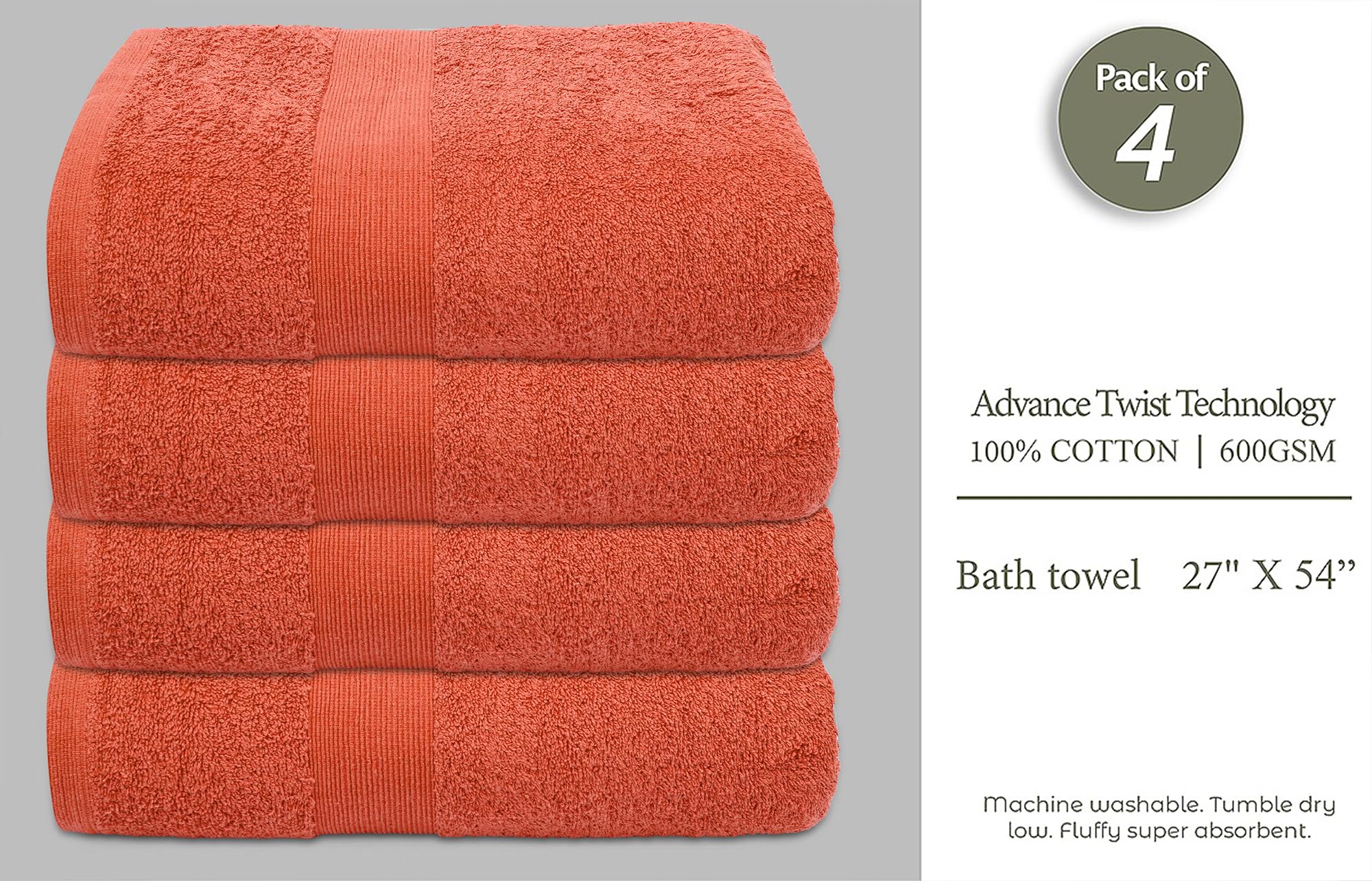 Softolle 100% Cotton Luxury Bath Towels -Towels for Bathroom - Set of 4 Bath Towel (27” x 54”)- Eco-Friendly, Super Soft, Highly Absorbent Bath Towel - Oeko-Tex Certified (Grey) (Coral)