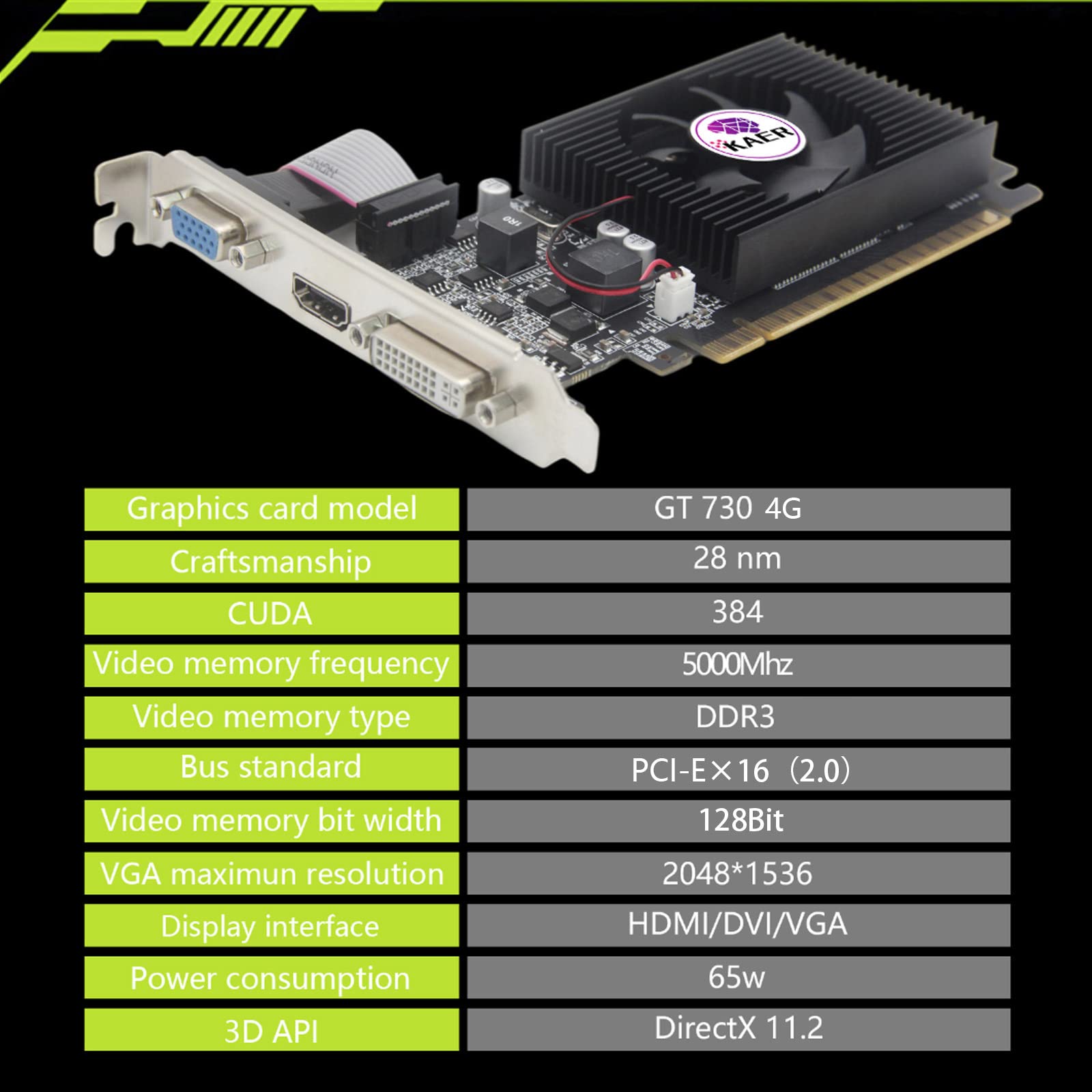 KAER GT 730 Graphics Card, 4GB DDR3, DirectX 11 128 Bit, VGA/DVI-D/HDMI, PCI Express 2.0 x 16, Nvidia Video Card, Computer GPU