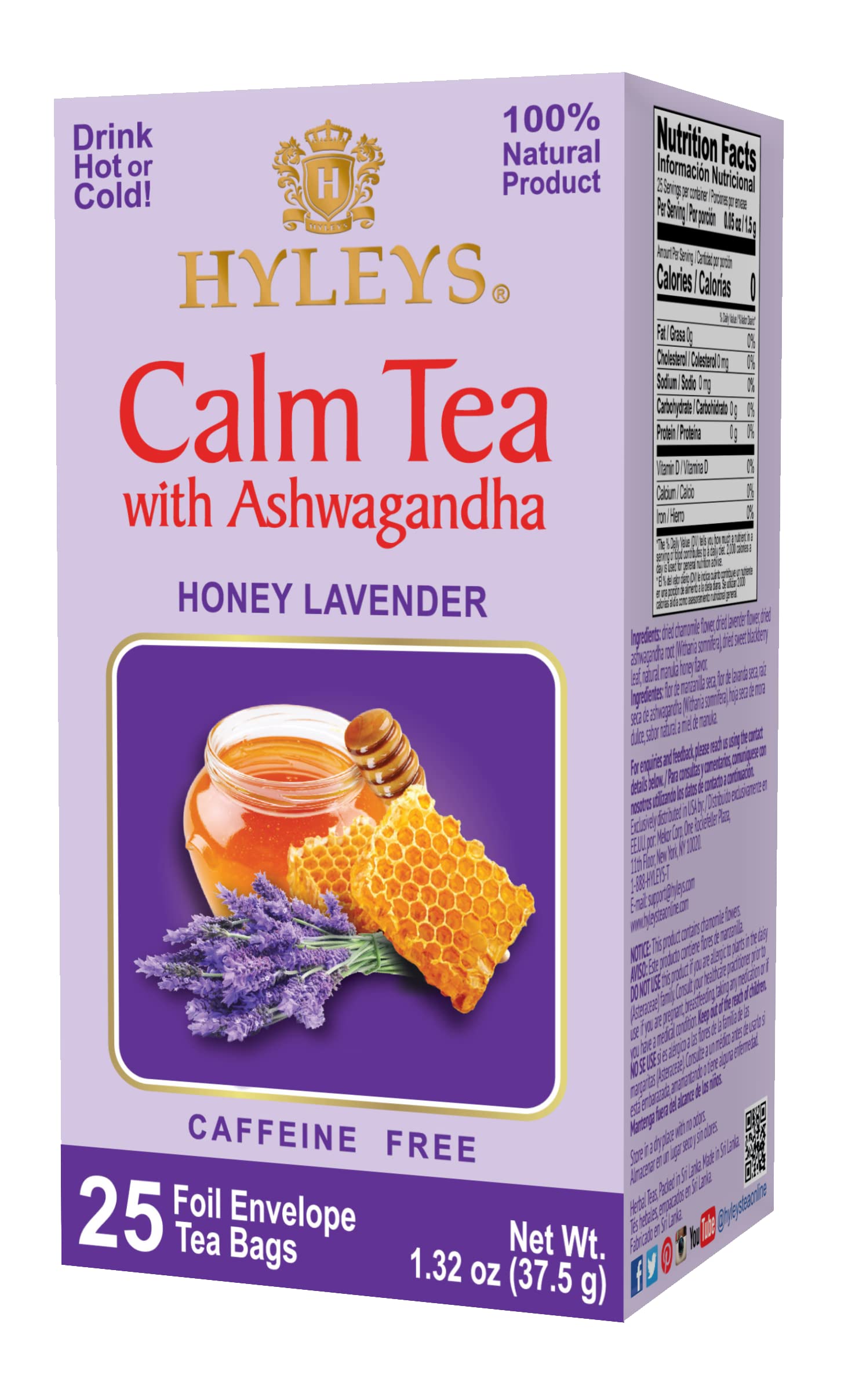 Hyleys Calm Tea with Ashwagandha - Lavender & Honey Flavor - Caffeine-Free, 100% Natural Herbal Tea - 25 Tea Bags