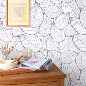 Kitico Gray Leaf Wallpaper 17.7''x197'' Modern Gray Leaf Peel and Stick Wallpaper Removable Self Adhesive Wallpaper White and Gray Leaves Contact Paper forBedroom Home Decoration