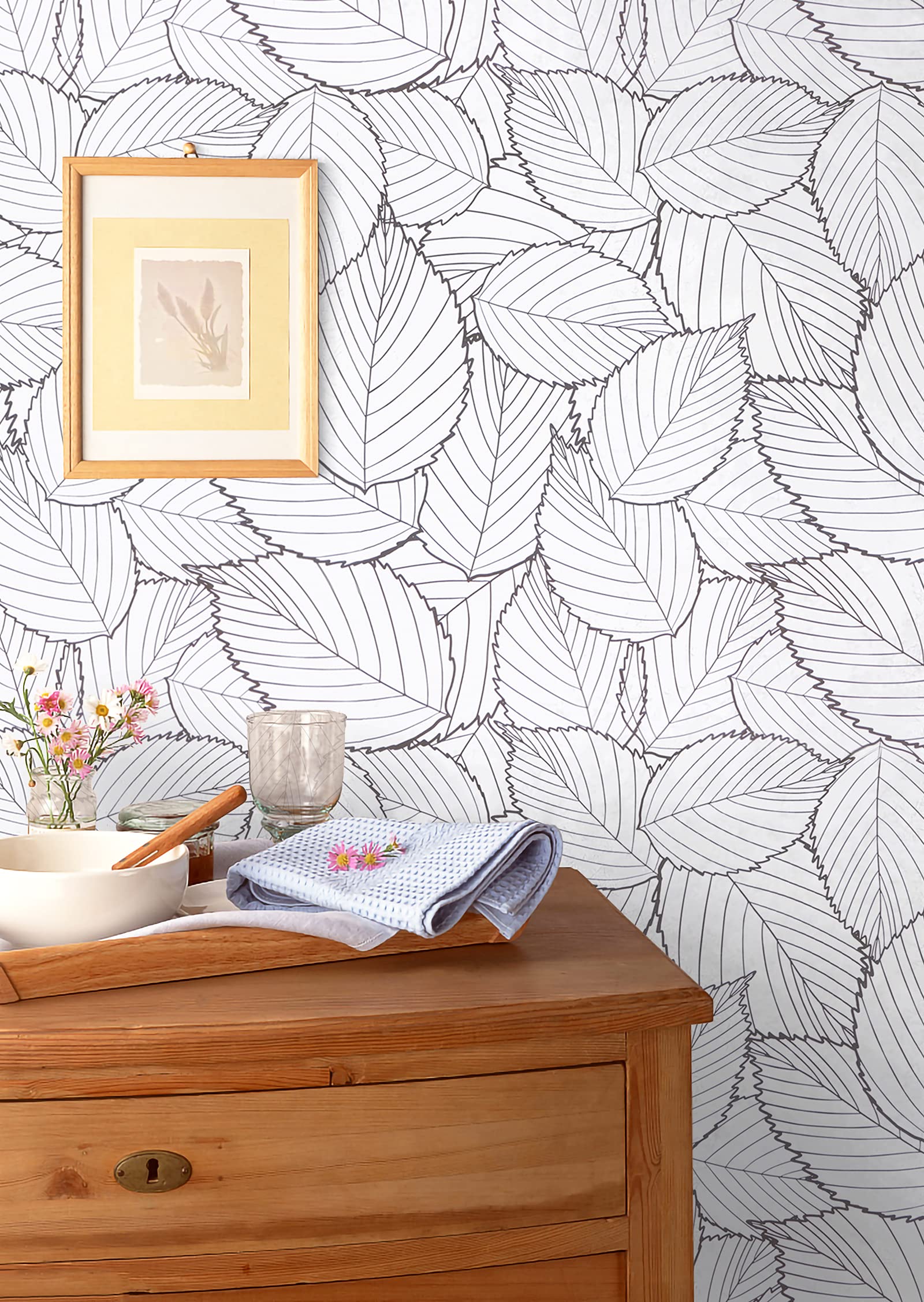 Kitico Gray Leaf Wallpaper 17.7''x197'' Modern Gray Leaf Peel and Stick Wallpaper Removable Self Adhesive Wallpaper White and Gray Leaves Contact Paper forBedroom Home Decoration