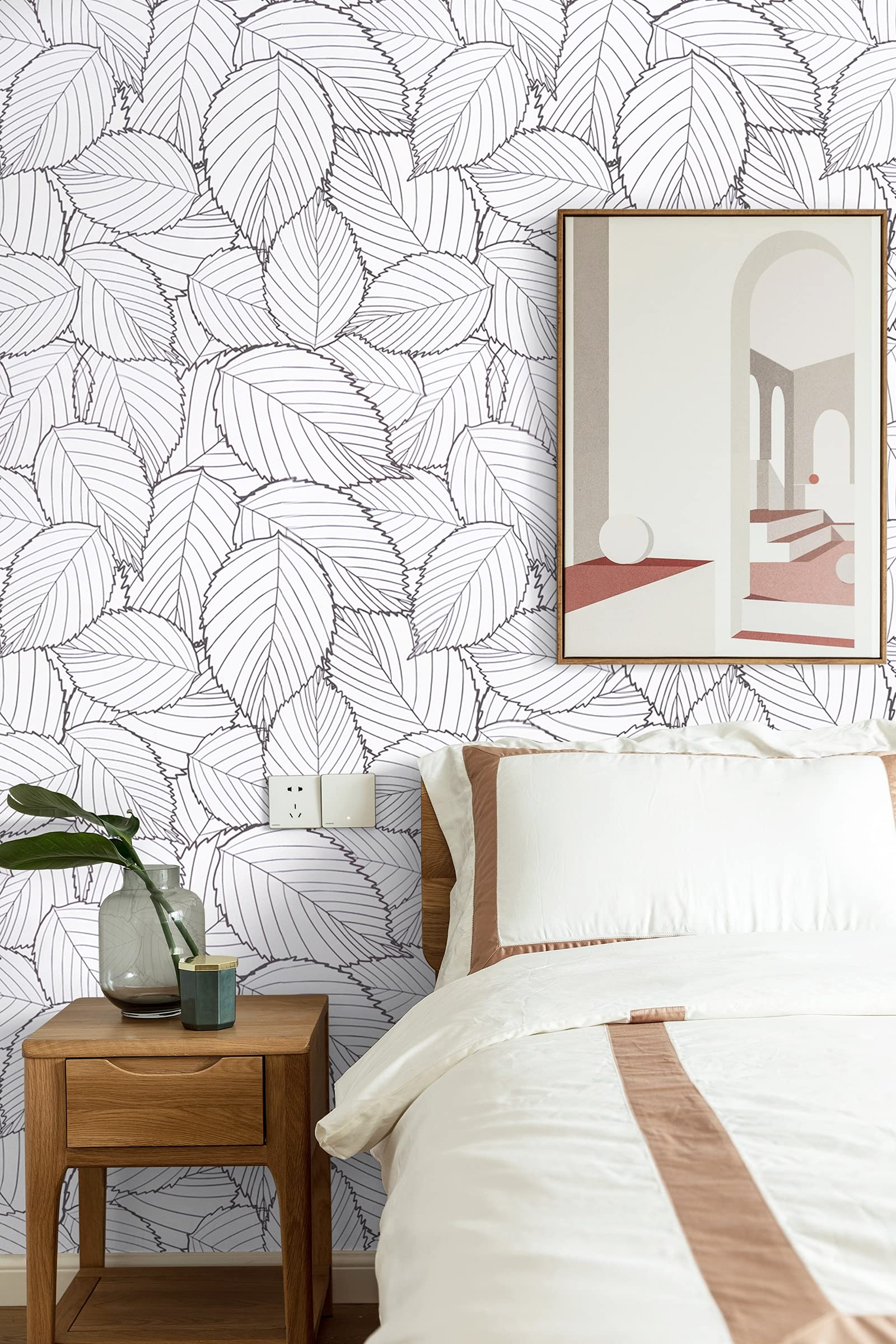 Kitico Gray Leaf Wallpaper 17.7''x197'' Modern Gray Leaf Peel and Stick Wallpaper Removable Self Adhesive Wallpaper White and Gray Leaves Contact Paper forBedroom Home Decoration