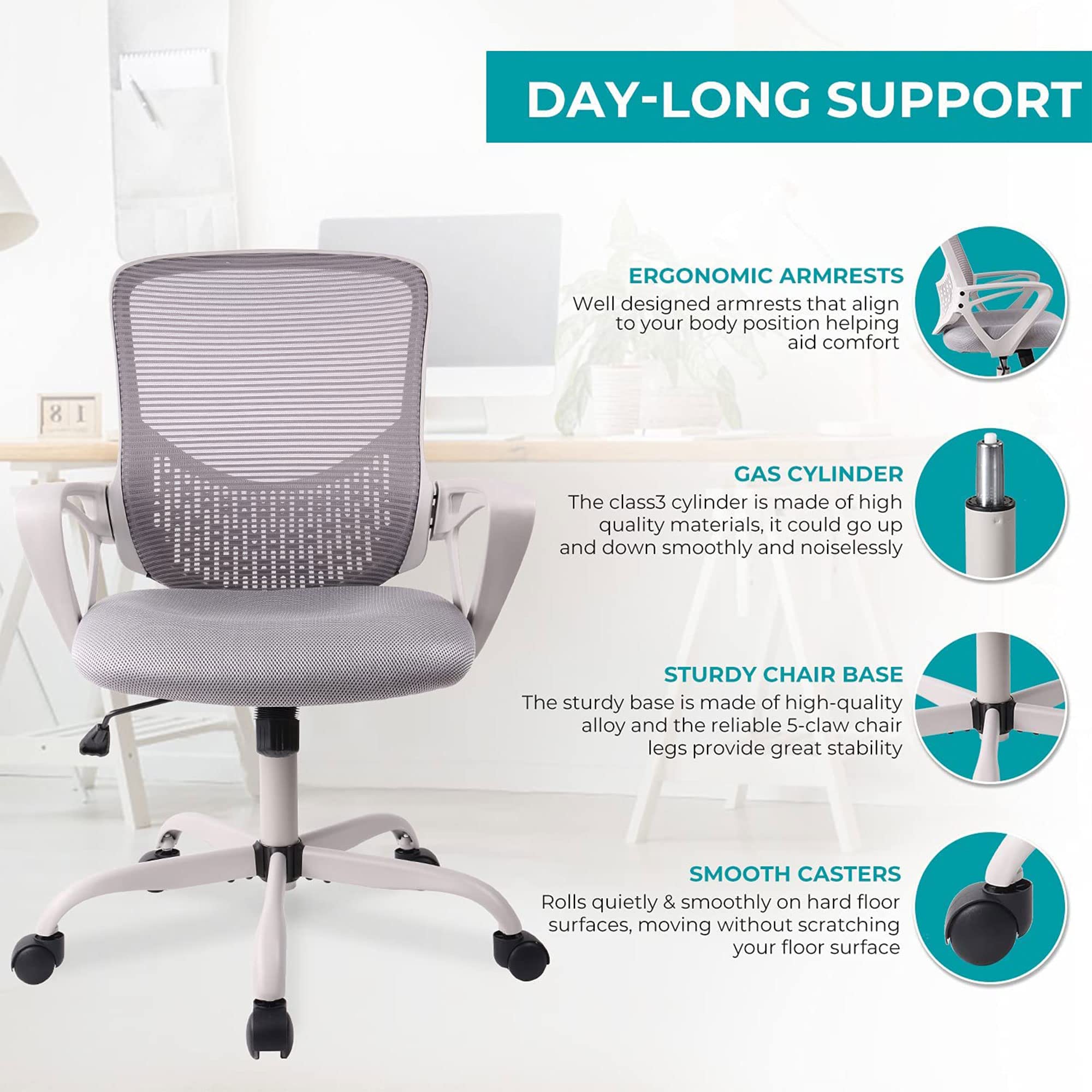 Office Chair, Ergonomic Home Desk Chair Mid Back Mesh Chair Rolling Swivel Computer Chair with Lumbar Support (Office Chair, Light Grey)