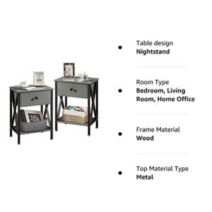 VECELO Nightstands Set of 2, Modern Bedside End Tables, Night Stands with Drawer and Storage Shelf for Living Room Bedroom, Industrial Metal Frame, Dark Gray