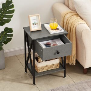 VECELO Nightstands Set of 2, Modern Bedside End Tables, Night Stands with Drawer and Storage Shelf for Living Room Bedroom, Industrial Metal Frame, Dark Gray