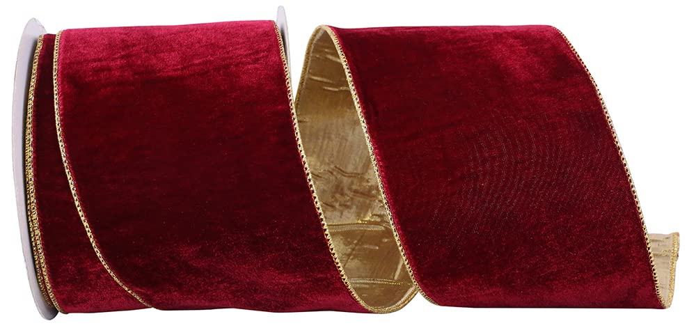 Reliant Ribbon 93204W-996-10F Velvet Plush Gold-Back Wired Edge, Wine/Gold, 4 Inch, 10 Yards