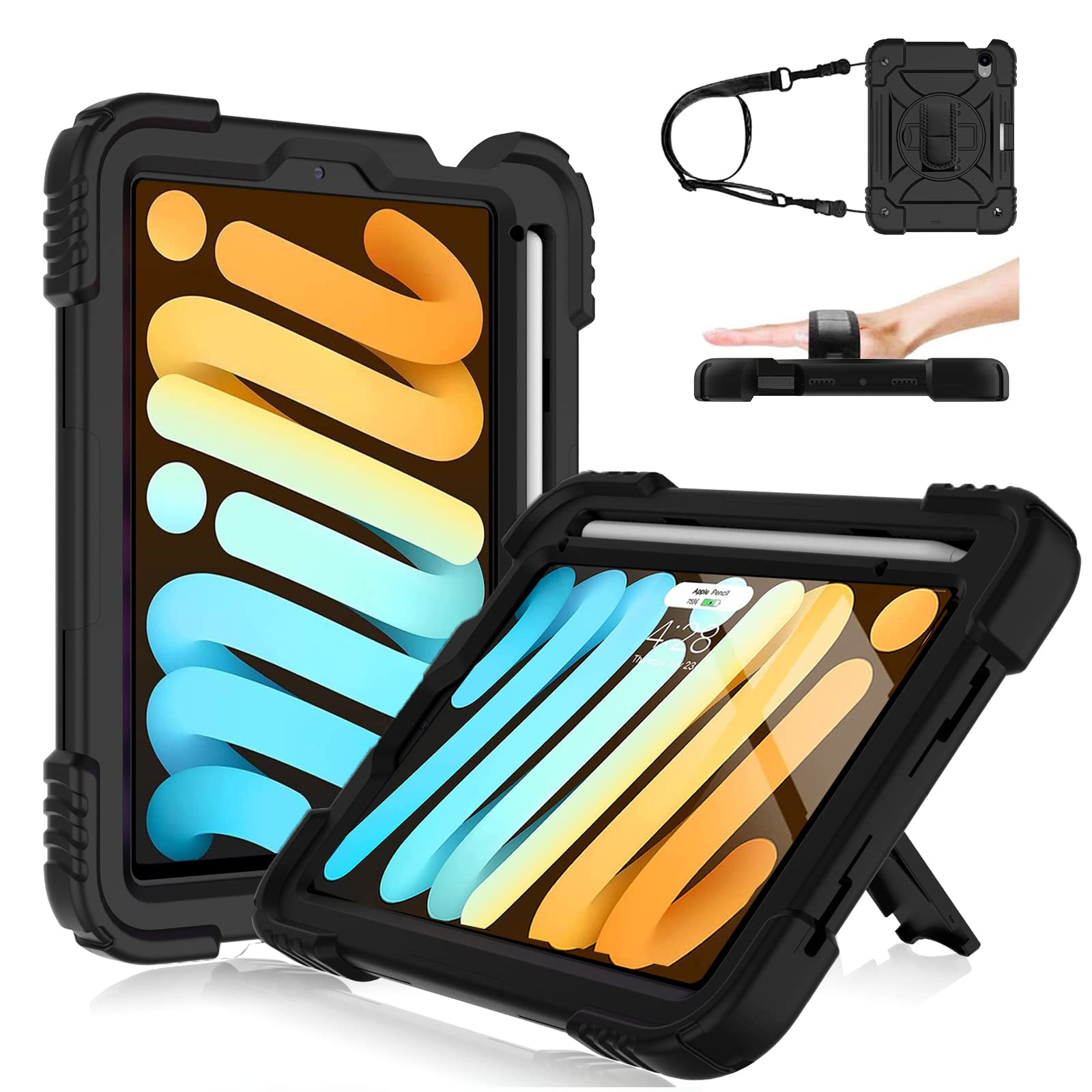 LTROP iPad Mini 6 Case 2021, iPad Mini 6th Generation Case for Kids, Heavy Duty Shockproof Cover with Pencil Holder/360 Rotating Stand/Hand Strap for iPad Mini 6th Generation 8.3 Inch 2021, Black