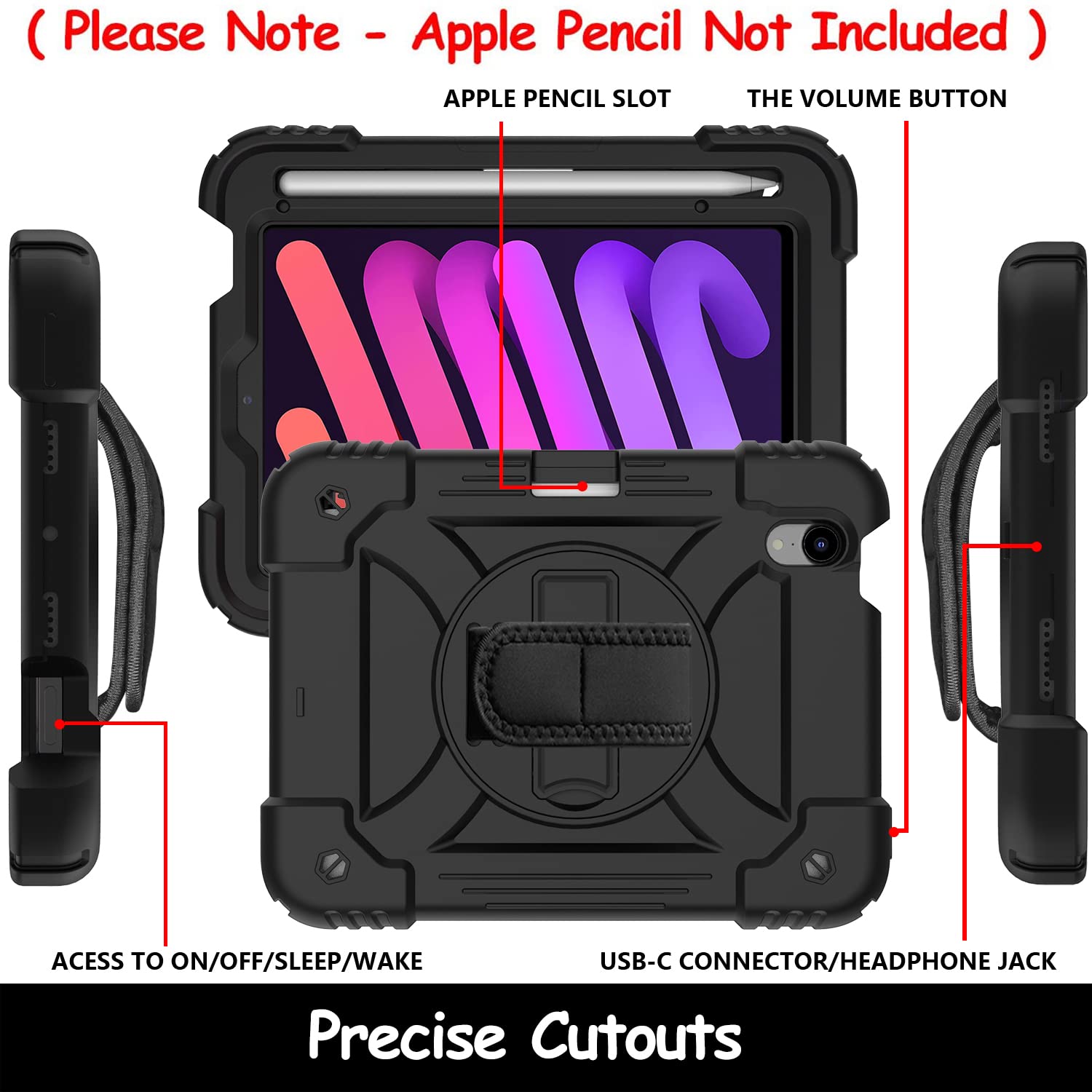 LTROP iPad Mini 6 Case 2021, iPad Mini 6th Generation Case for Kids, Heavy Duty Shockproof Cover with Pencil Holder/360 Rotating Stand/Hand Strap for iPad Mini 6th Generation 8.3 Inch 2021, Black