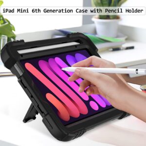 LTROP iPad Mini 6 Case 2021, iPad Mini 6th Generation Case for Kids, Heavy Duty Shockproof Cover with Pencil Holder/360 Rotating Stand/Hand Strap for iPad Mini 6th Generation 8.3 Inch 2021, Black