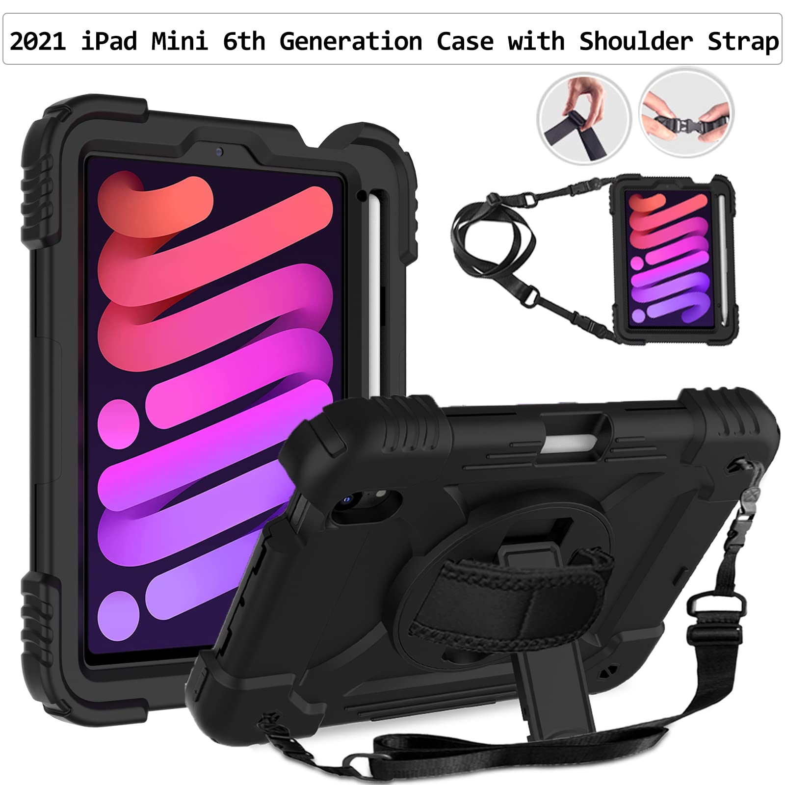 LTROP iPad Mini 6 Case 2021, iPad Mini 6th Generation Case for Kids, Heavy Duty Shockproof Cover with Pencil Holder/360 Rotating Stand/Hand Strap for iPad Mini 6th Generation 8.3 Inch 2021, Black