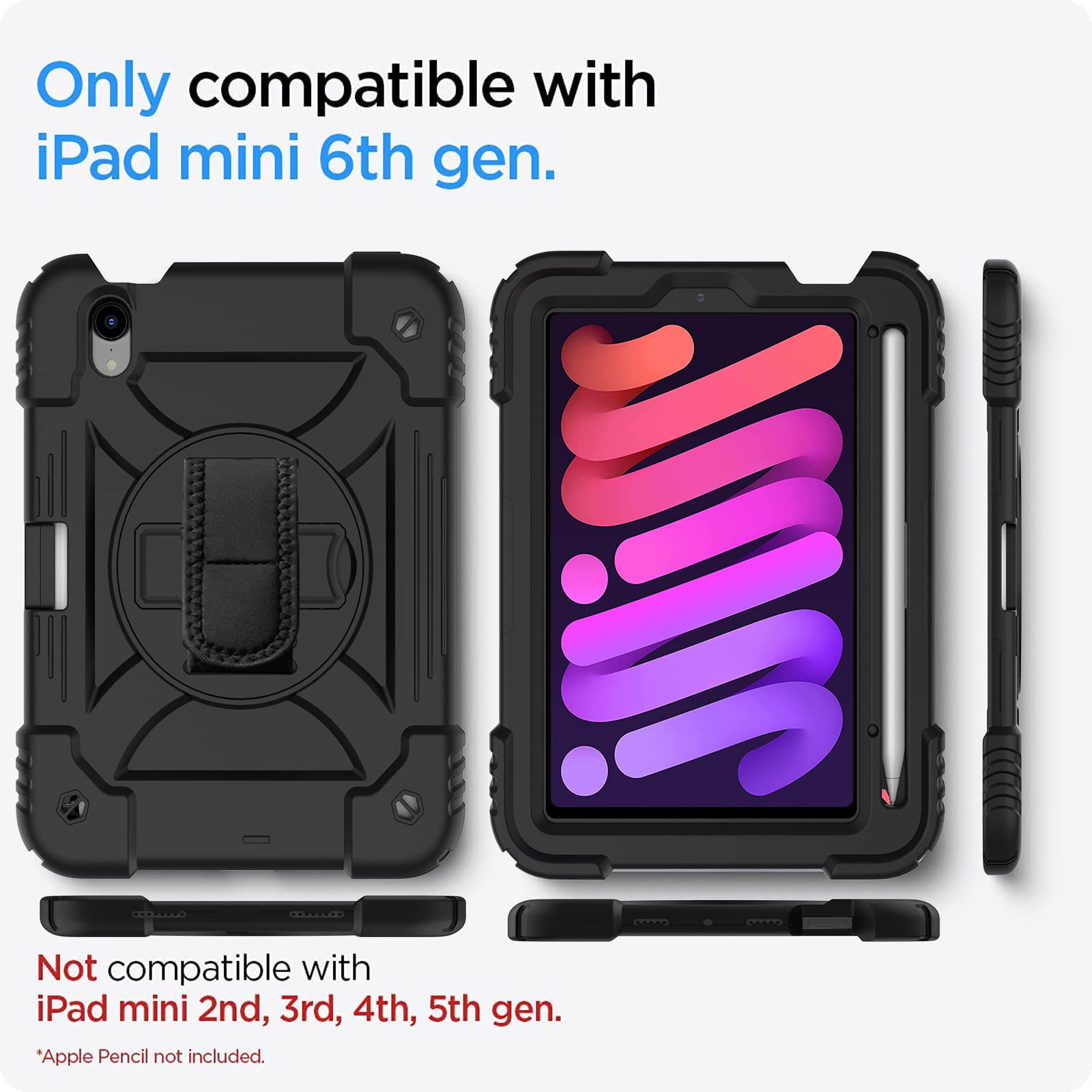 LTROP iPad Mini 6 Case 2021, iPad Mini 6th Generation Case for Kids, Heavy Duty Shockproof Cover with Pencil Holder/360 Rotating Stand/Hand Strap for iPad Mini 6th Generation 8.3 Inch 2021, Black