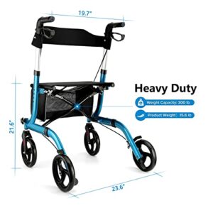 Healconnex Rollator Walkers for Seniors-Folding Rollator Walker with Seat and Four 8-inch Wheels-Medical Rollator Walker with Comfort Handles and Thick Backrest-Lightweight Aluminium Frame,Blue