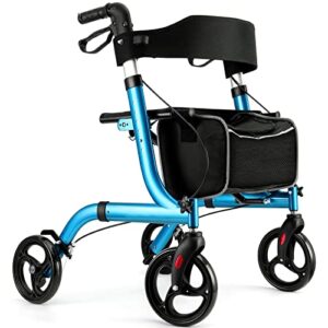 healconnex rollator walkers for seniors-folding rollator walker with seat and four 8-inch wheels-medical rollator walker with comfort handles and thick backrest-lightweight aluminium frame,blue