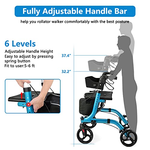 Healconnex Rollator Walkers for Seniors-Folding Rollator Walker with Seat and Four 8-inch Wheels-Medical Rollator Walker with Comfort Handles and Thick Backrest-Lightweight Aluminium Frame,Blue