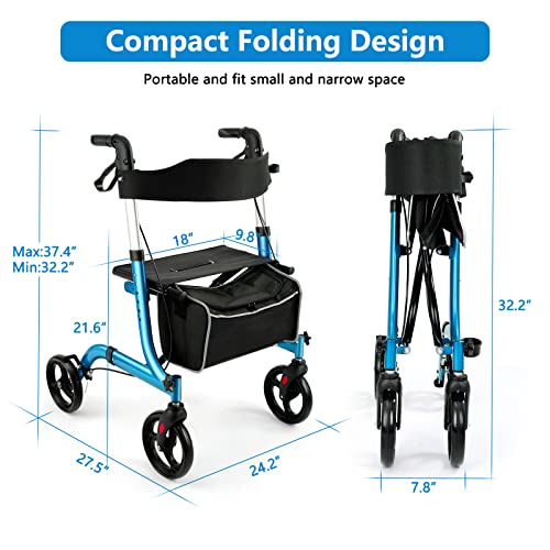 Healconnex Rollator Walkers for Seniors-Folding Rollator Walker with Seat and Four 8-inch Wheels-Medical Rollator Walker with Comfort Handles and Thick Backrest-Lightweight Aluminium Frame,Blue