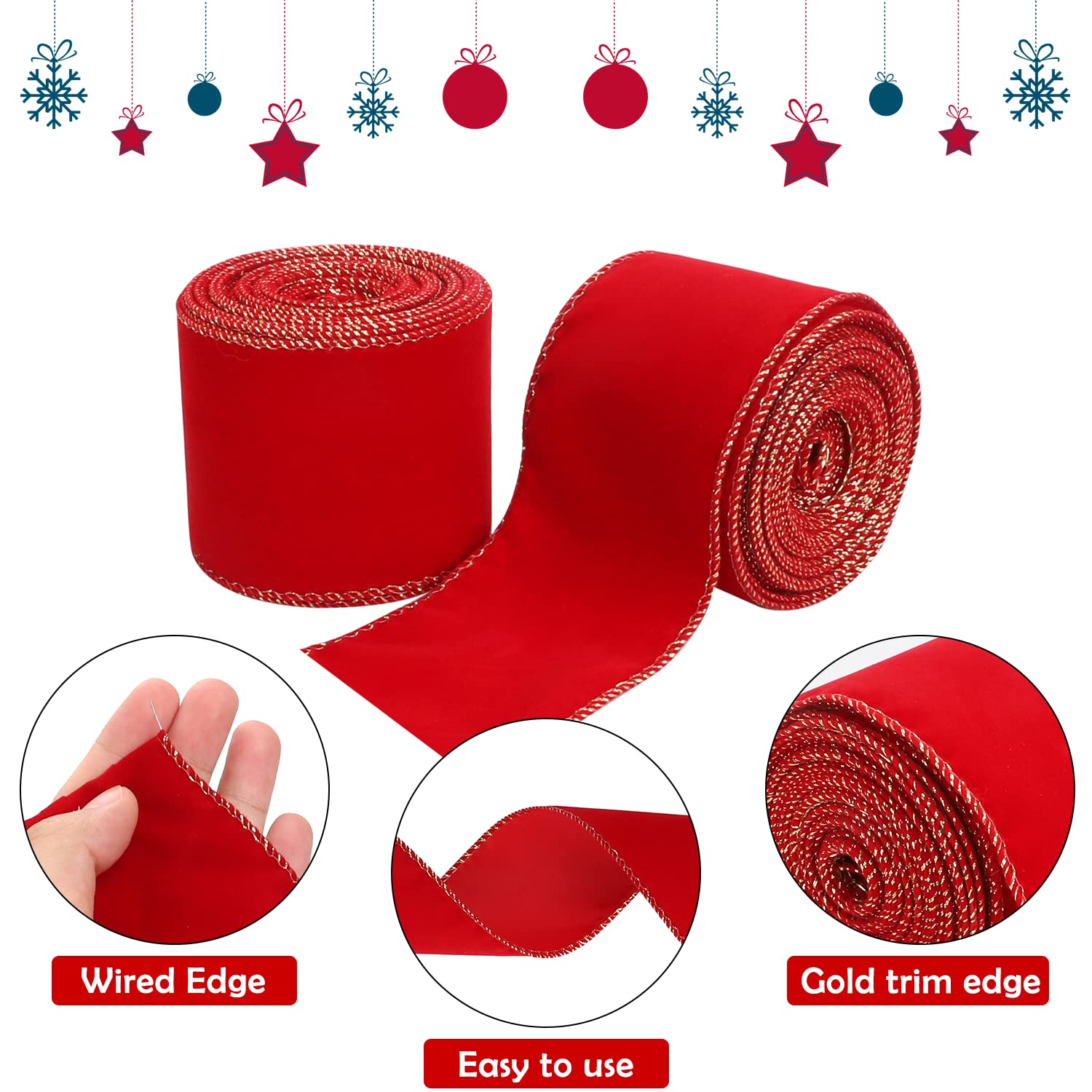 Kingovalley 2 Rolls Christmas Wired Ribbon, 2.5 inch x 10 Yards Red Velvet Xmas Ribbon With Gold Edge Vintage Christmas Wrapping Ribbon for Christmas DIY Craft Home Garland Bow Door Wreath Decorations