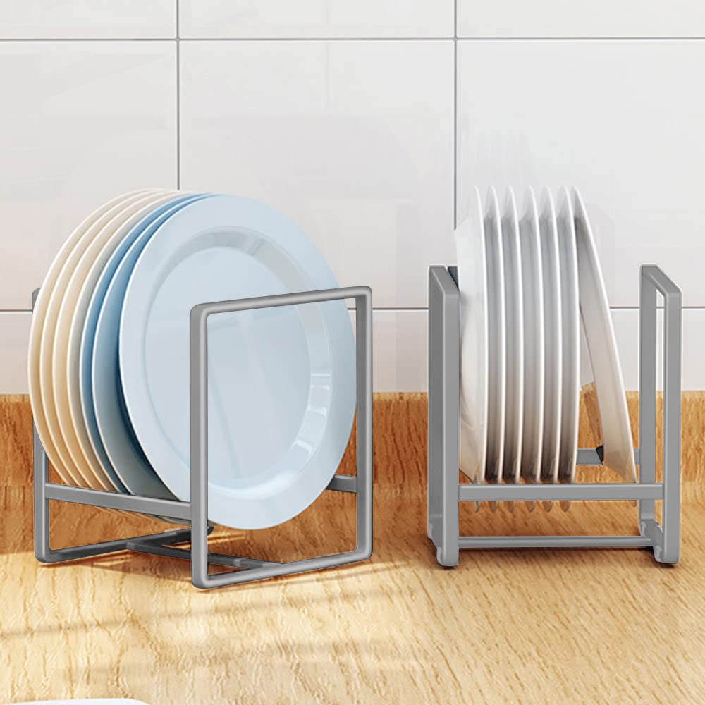 MINGFANITY 2PCS Plate Holders Organizer, Metal Dish Storage Dying Display Rack for Cabinet, Counter and Cupboard, Grey, Small