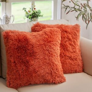 Cheer Collection Throw Pillows for Couch with Inserts Included - Soft Shaggy Long Hair Faux Fur Pillows - Set of 2-20" x 20" - Rust Orange