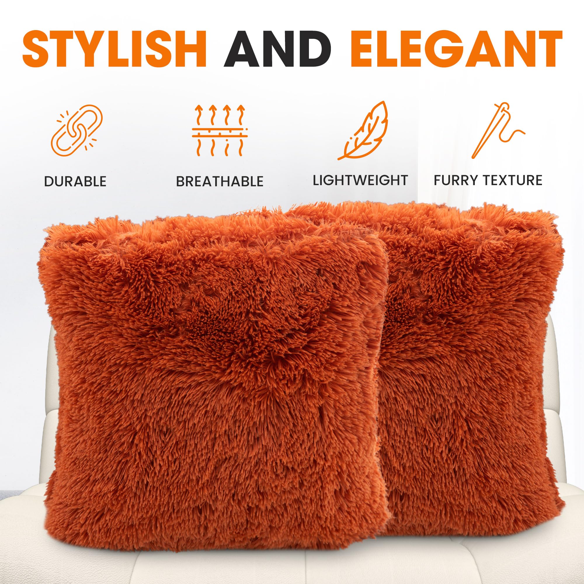 Cheer Collection Throw Pillows for Couch with Inserts Included - Soft Shaggy Long Hair Faux Fur Pillows - Set of 2-20" x 20" - Rust Orange