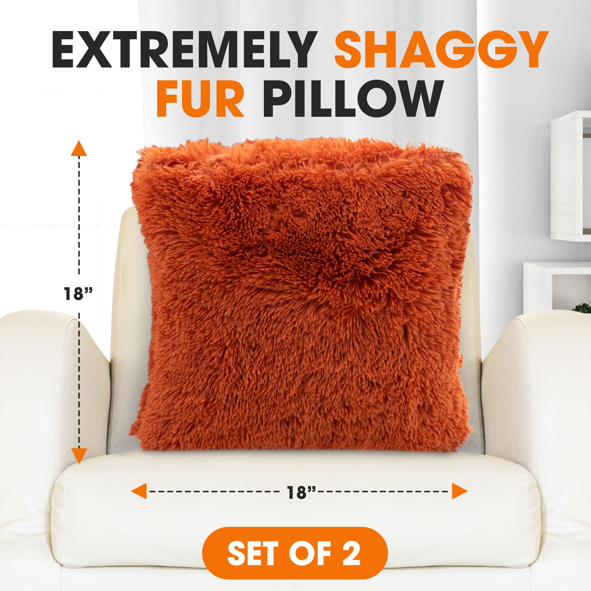 Cheer Collection Throw Pillows for Couch with Inserts Included - Soft Shaggy Long Hair Faux Fur Pillows - Set of 2-20" x 20" - Rust Orange