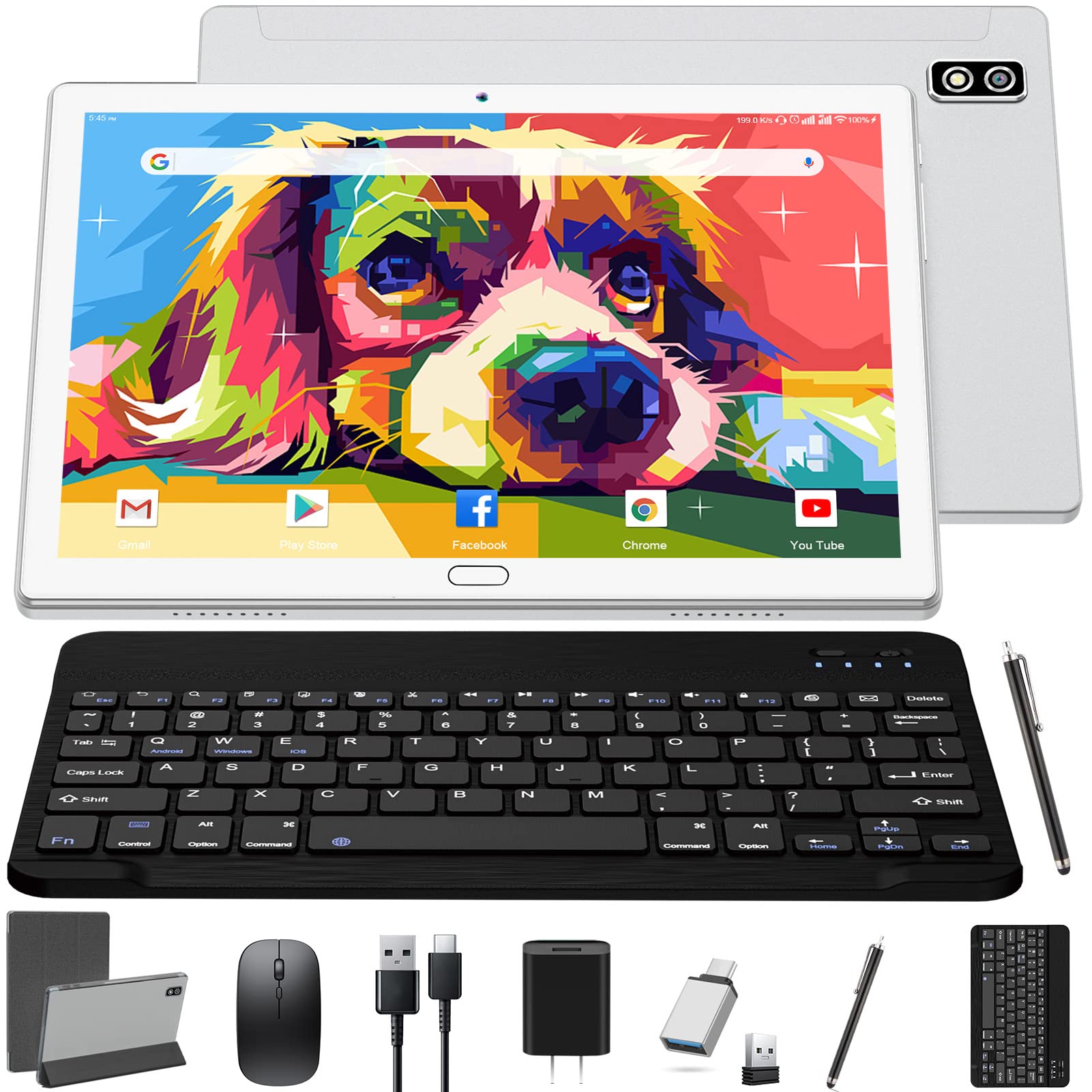 10 Inch Tablet Android 13 Tablets, 2 in 1 Tablet PC with 4+64/128GB Storage Octa-Core, Dual Sim Card Slots Tablet with Keyboard, 13MP Camera, 6000mAh Battery, GPS, Bluetooth, WiFi, Case Included