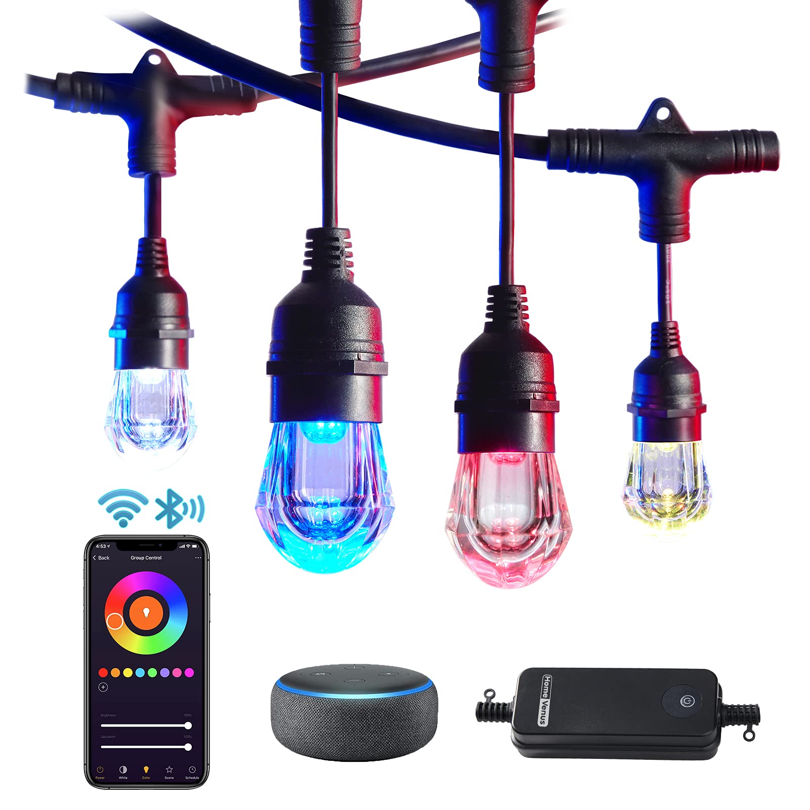 HVS Smart Outdoor String Lights LED 72Ft (2 packs of 36ft) Color Changing RGBW Patio String Lights Infinite Connectable APP Control 2.4GHz WiFi Waterproof 36 Acrylic Work with Alexa Google for Outside