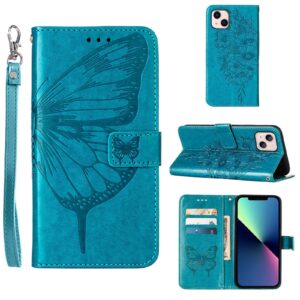 compatible for iphone 14 wallet case 2022,for iphone 13 wallet case,[kickstand][wrist strap][card holder slots] butterfly floral embossed pu leather flip cover for iphone 14/13 6.1 inch (blue)