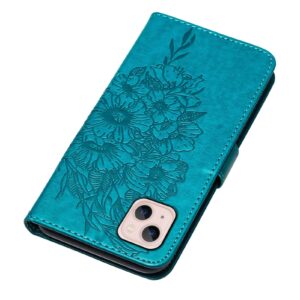 Compatible for iPhone 14 Wallet Case 2022,for iPhone 13 Wallet Case,[Kickstand][Wrist Strap][Card Holder Slots] Butterfly Floral Embossed PU Leather Flip Cover for iPhone 14/13 6.1 inch (Blue)