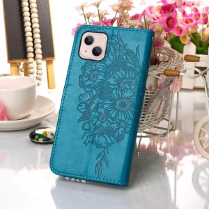 Compatible for iPhone 14 Wallet Case 2022,for iPhone 13 Wallet Case,[Kickstand][Wrist Strap][Card Holder Slots] Butterfly Floral Embossed PU Leather Flip Cover for iPhone 14/13 6.1 inch (Blue)