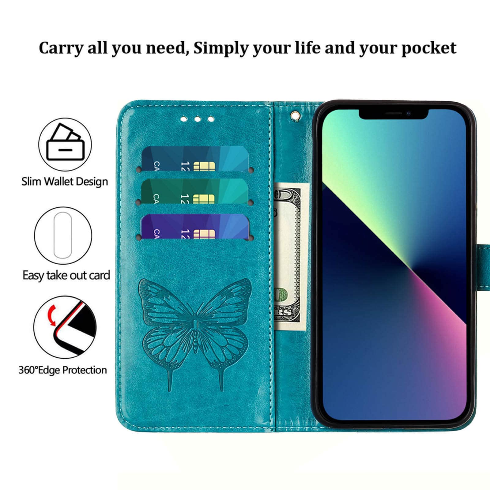 Compatible for iPhone 14 Wallet Case 2022,for iPhone 13 Wallet Case,[Kickstand][Wrist Strap][Card Holder Slots] Butterfly Floral Embossed PU Leather Flip Cover for iPhone 14/13 6.1 inch (Blue)