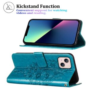 Compatible for iPhone 14 Wallet Case 2022,for iPhone 13 Wallet Case,[Kickstand][Wrist Strap][Card Holder Slots] Butterfly Floral Embossed PU Leather Flip Cover for iPhone 14/13 6.1 inch (Blue)