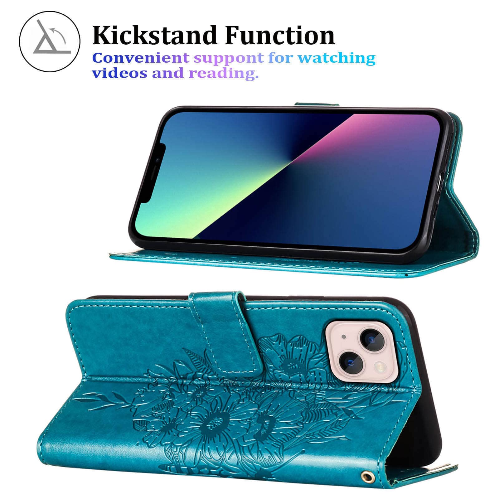 Compatible for iPhone 14 Wallet Case 2022,for iPhone 13 Wallet Case,[Kickstand][Wrist Strap][Card Holder Slots] Butterfly Floral Embossed PU Leather Flip Cover for iPhone 14/13 6.1 inch (Blue)