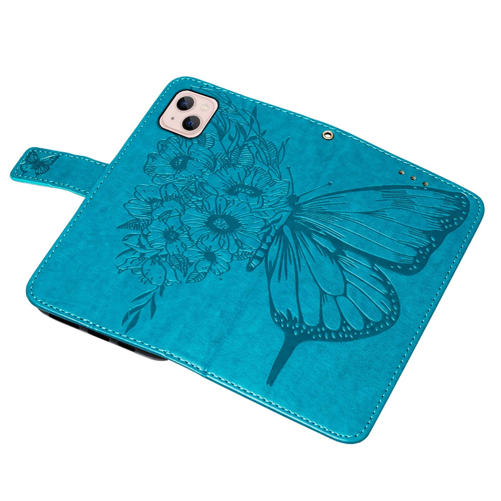 Compatible for iPhone 14 Wallet Case 2022,for iPhone 13 Wallet Case,[Kickstand][Wrist Strap][Card Holder Slots] Butterfly Floral Embossed PU Leather Flip Cover for iPhone 14/13 6.1 inch (Blue)