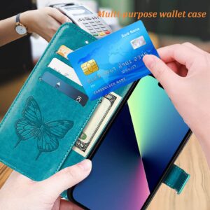 Compatible for iPhone 14 Wallet Case 2022,for iPhone 13 Wallet Case,[Kickstand][Wrist Strap][Card Holder Slots] Butterfly Floral Embossed PU Leather Flip Cover for iPhone 14/13 6.1 inch (Blue)