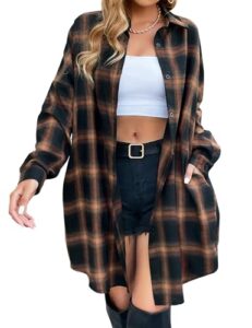 blooming jelly women's button down flannel shirts plaid shacket long sleeve collared long jacket coats（xlarge,brown plaid）