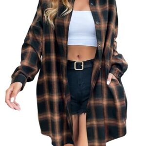 Blooming Jelly Women's Button Down Flannel Shirts Plaid Shacket Long Sleeve Collared Long Jacket Coats（XLarge,Brown Plaid）