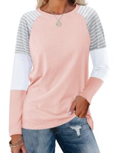 minetom women's color block tunic tops striped long sleeve shirts casual round neck pullover b pink