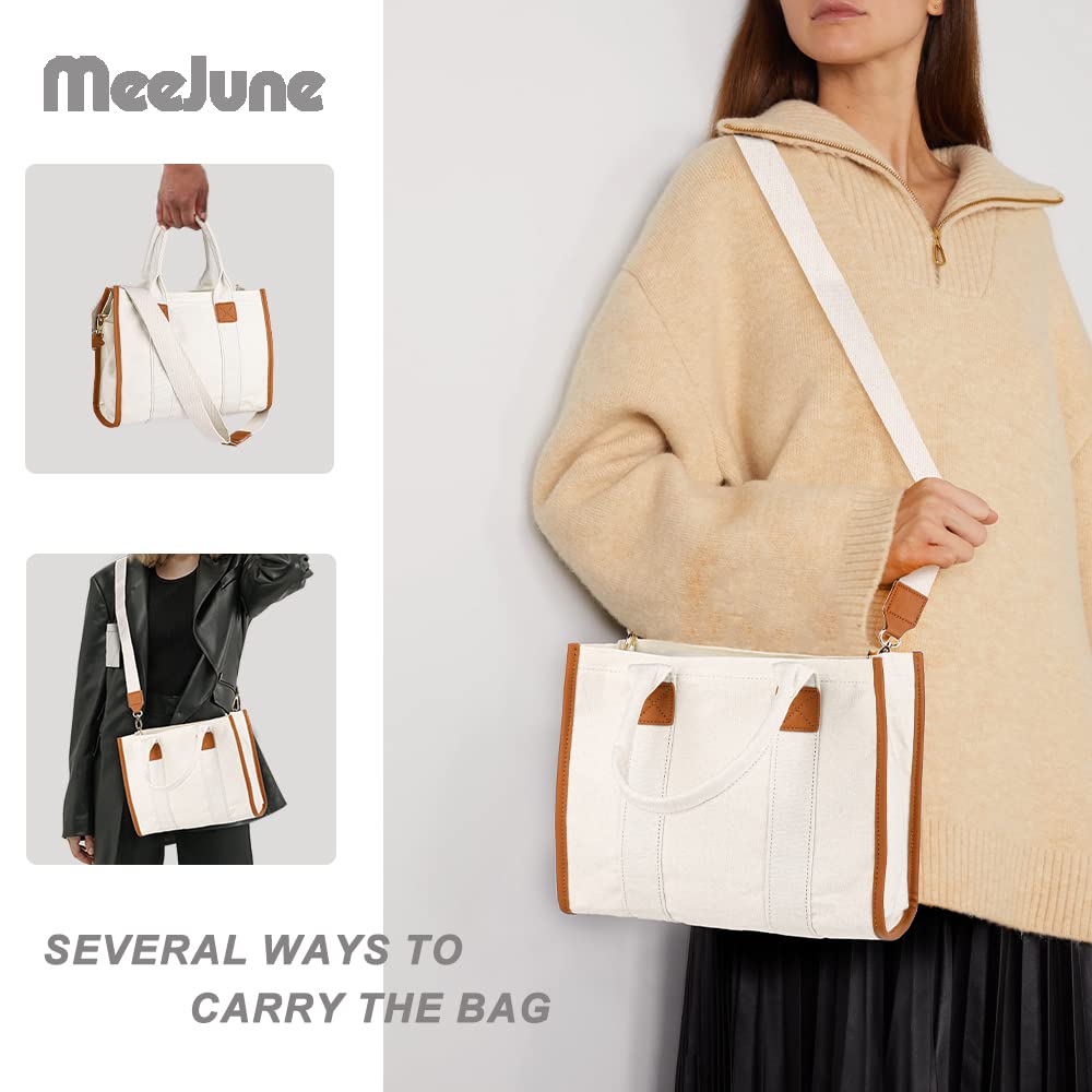 MEEJUNE Canvas Tote Bag for Women Top Handle Handbag Crossbody Tote Bag for Women Canvas Tote Bag with Zipper Trendy Shoulder Bag Everything Tote Bag with Adjustable Strap-Beige