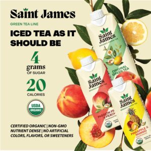 Saint James Iced Tea | Passion Fruit & Peach Organic Green Tea | Organic, Non-GMO Green Tea, 12 Pack (16.9oz each)