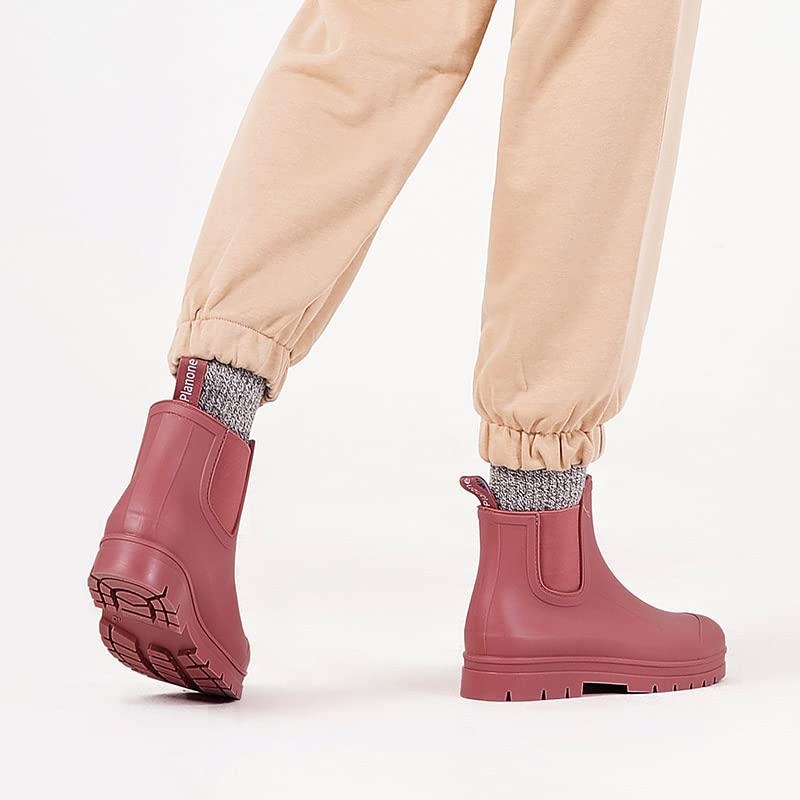 planone Short rain boots for women waterproof size 8.5 Hawthorn Red garden shoes anti-slipping chelsea rainboots comfortable insoles light ankle rain shoes matte outdoor work shoes