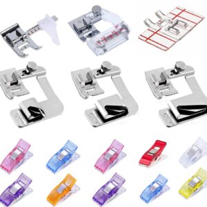 Fbshicung Sewing Foot Kit - 3Pcs Wide Hem Foot,Bias Tape Binder Foot and Adjustable Guide Foot,Border Guide Presser Foot and 10pcs Sewing Clips for Sewing Machine