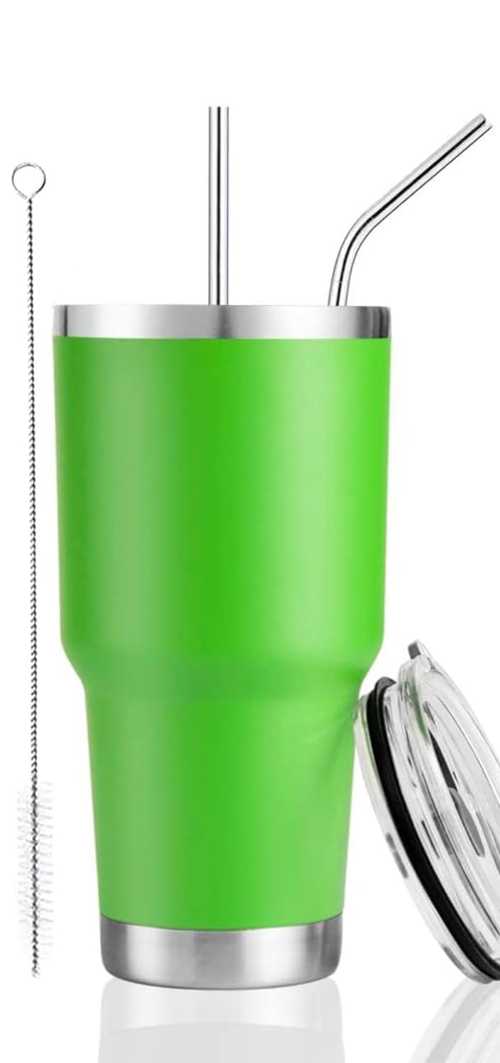 30 oz Green Tumbler Stainless Steel Double Wall Vacuum Insulated Mug with Straw and Lid, Cleaning Brush for Cold and Hot Beverages