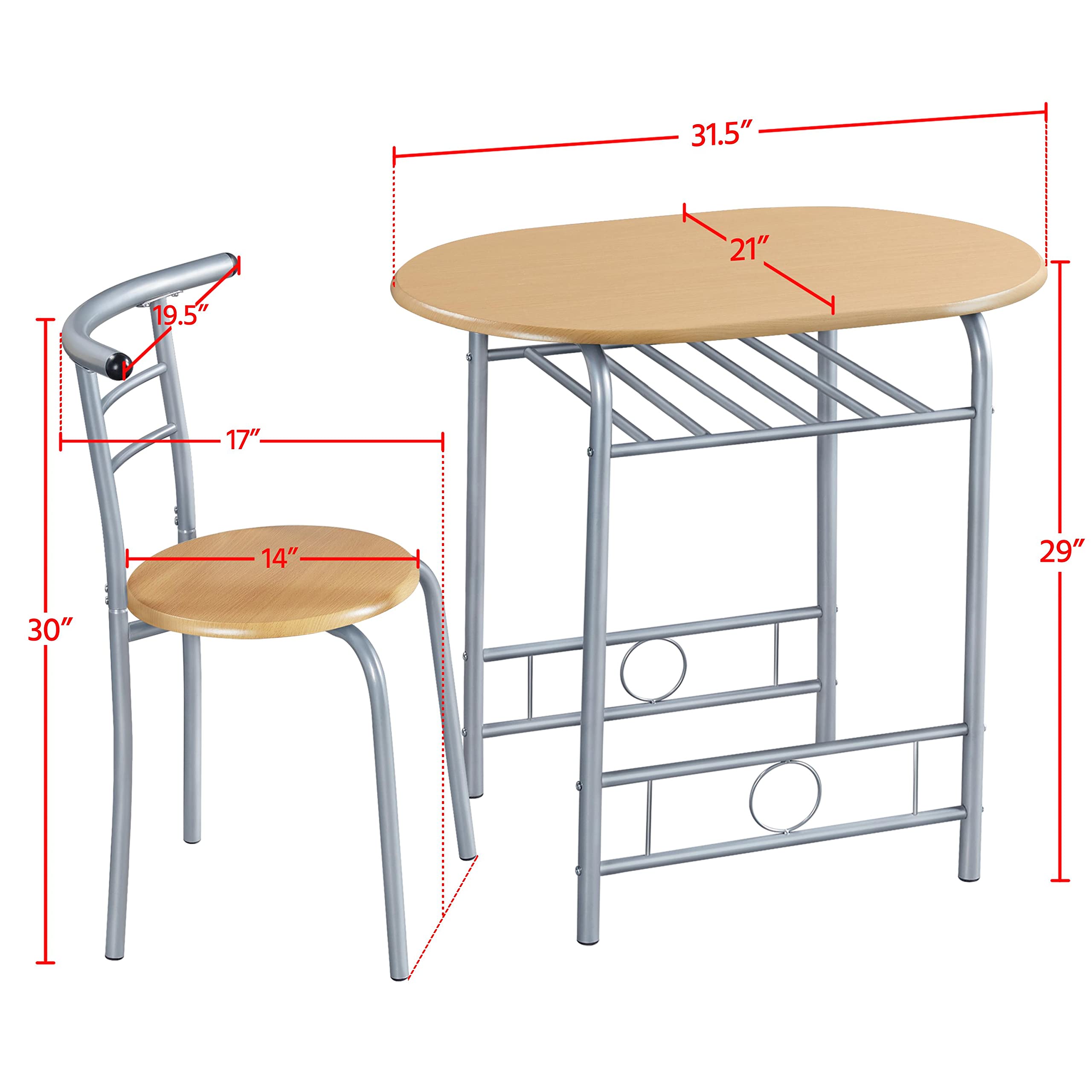 Topeakmart 3 Piece Kitchen Table Set - Dining Table Sets for 2 - Compact Table and Chairs w/Steel Frame & Shelf Storage for Small Spaces, Apartment,Bistro - Natural