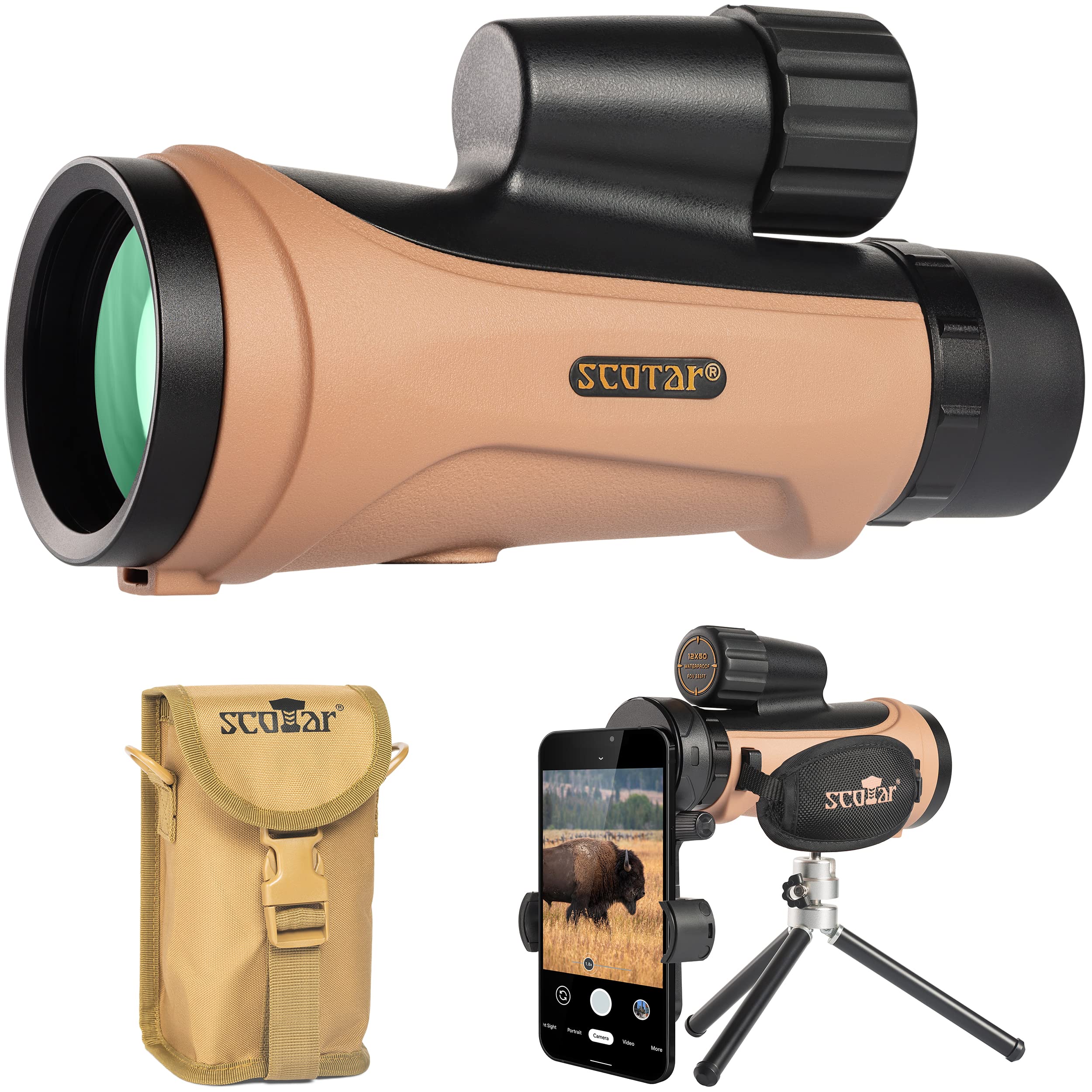 Scotar 12x50 Monocular Telescope - FMC Fogproof, IP67 Waterproof Hand Held Telescope - BAK4 Phase and Dielectric Coated Prism - Adventure Accessories Set: Bag, Smartphone Adapter, Mini Tripod