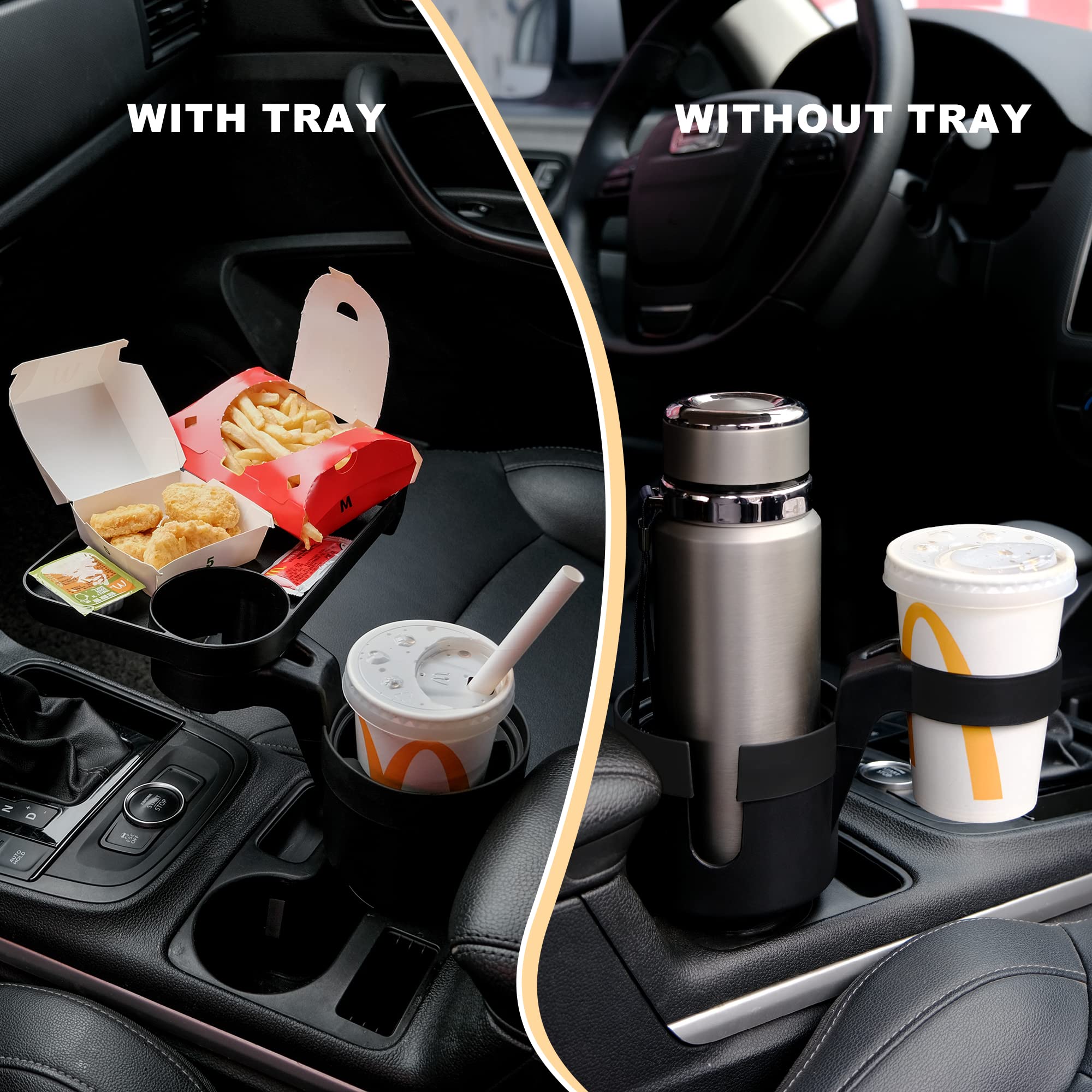 Car Cup Holder Tray with Expandable Base Car Food Tray Table Compatible with Yeti 20/26/30 oz Hydro Flasks 32/40 oz Camelbak 32/40 oz and Other Bottles in 3.4"-3.8"