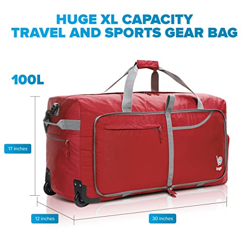 Bago Rolling Duffle Bag with Wheels - 30" 100L Foldable Weekender Bag, Waterproof Travel Duffel Bag, Heavy Duty lightWeight Duffle Bag for Traveling, Rolling Duffel Bag with Wheels (Red)